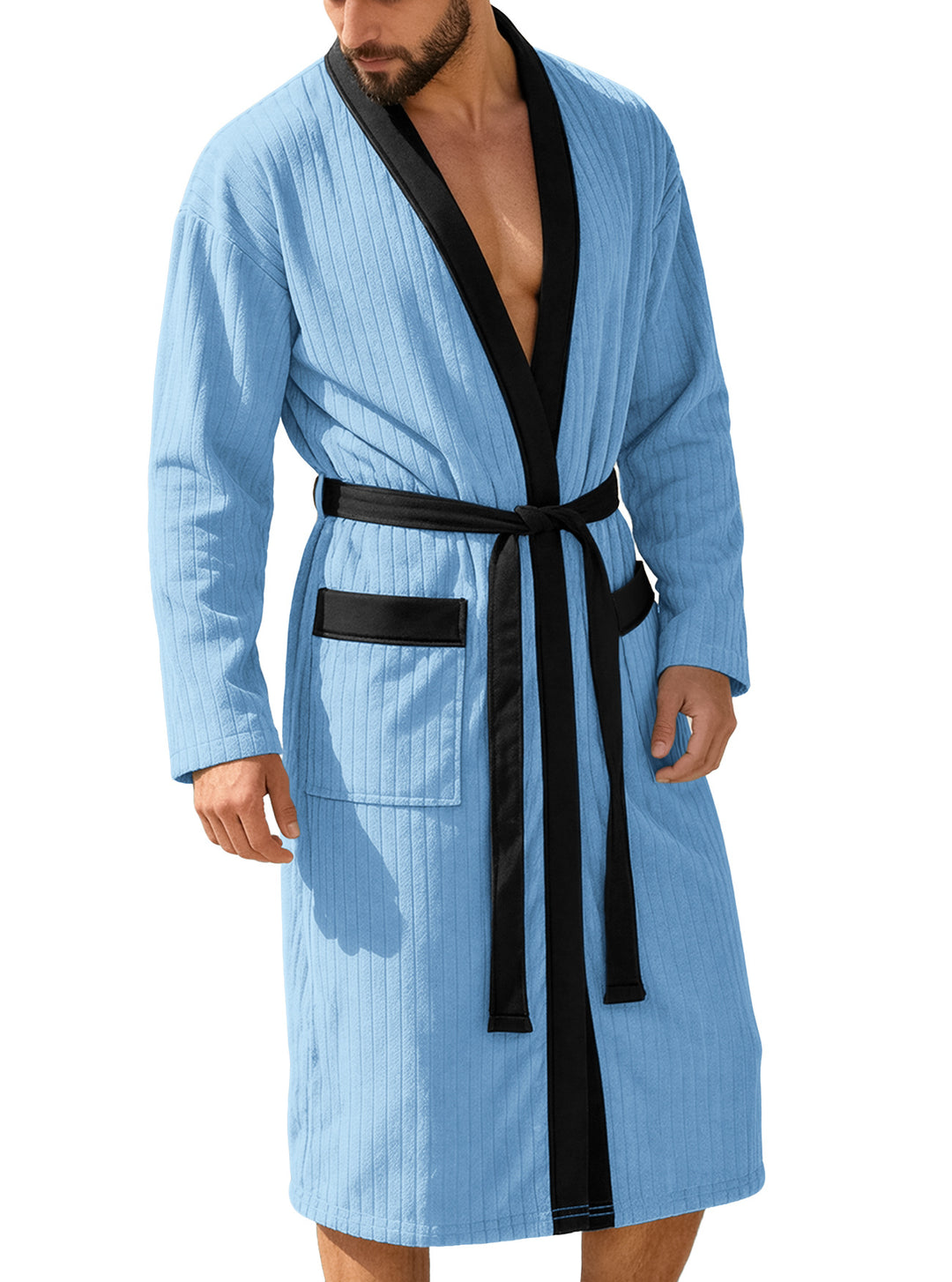 Herrer nan wadenlang Ribbadekåbe i kimono-stil med sjalkrave og kontrastpaspel Skovae