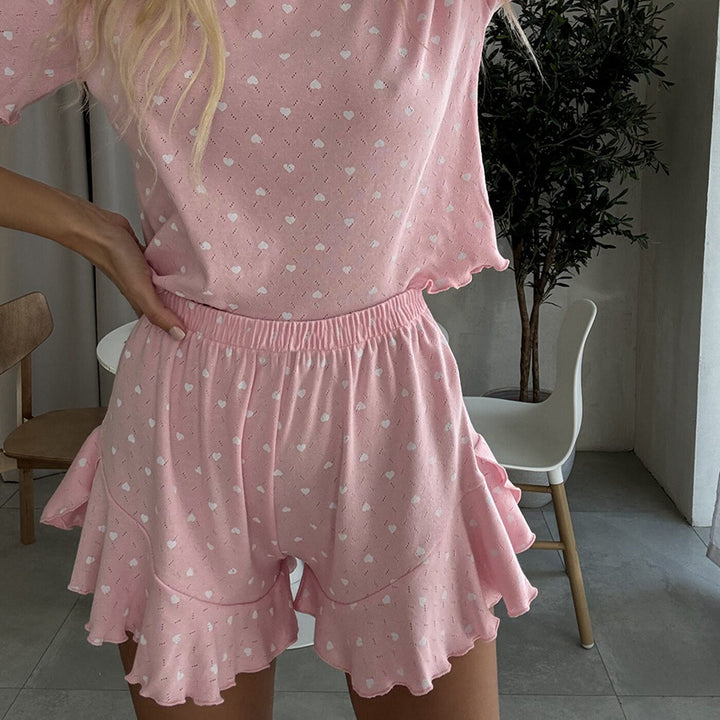 Dame frække Kort-Pyjamasæt med Flæsedetaljer og Hjerteprint Stilla