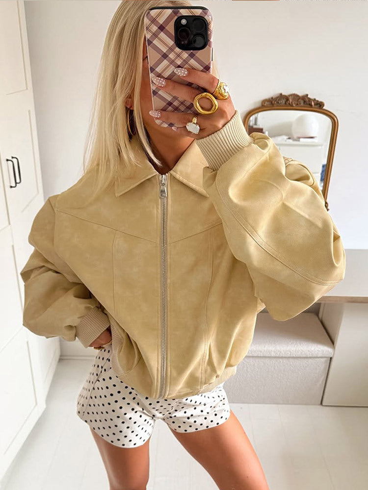 Dame trendy kunstlæderjakke med voluminøse ærmer Stilla