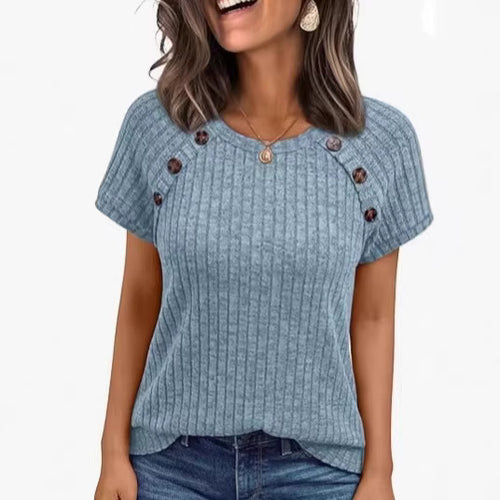 Dame afslappet ribstrik T-shirt med knapper Skovae