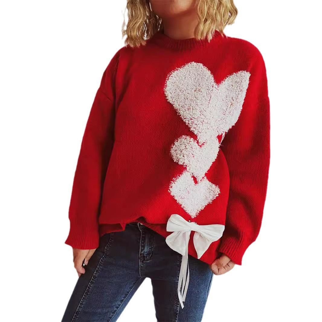Kvinders strikket sweater med charmerende hjerte design og dekorativ sløjfe Stilla