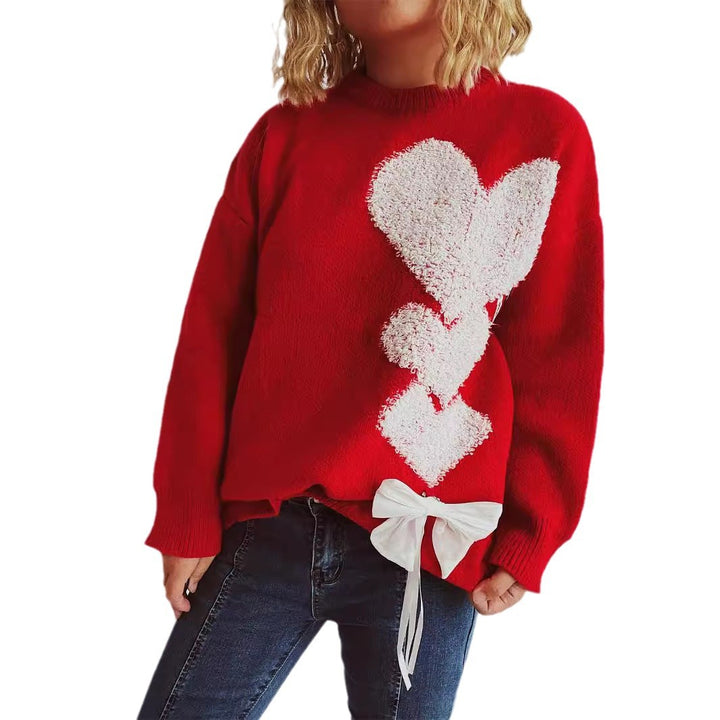 Kvinders strikket sweater med charmerende hjerte design og dekorativ sløjfe Stilla