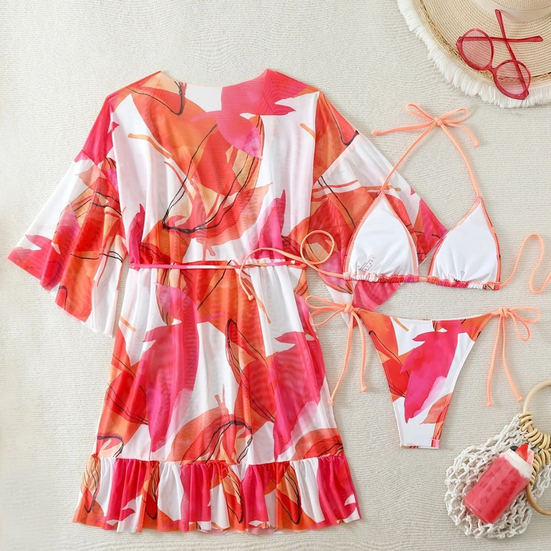 Dame bikinisæt med blomster kaftan Skovae