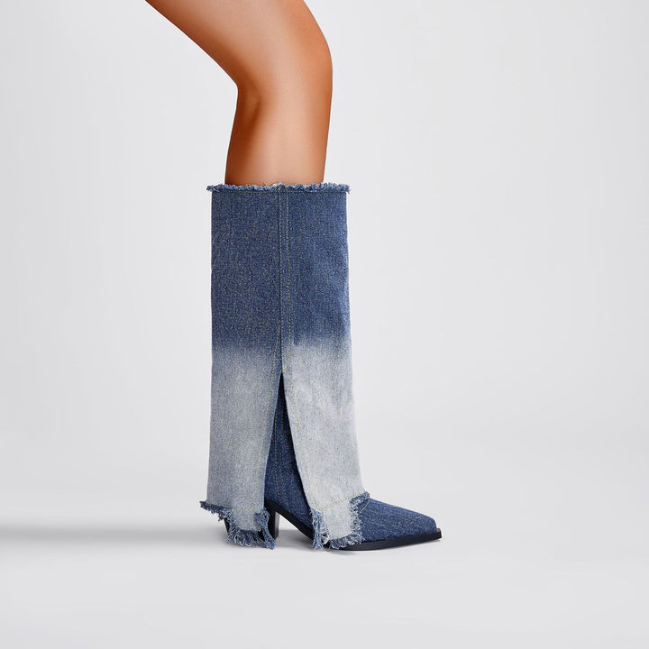 Femme Over-knæet Denim Stiletto Støvler med Skåret Detalje Stilla