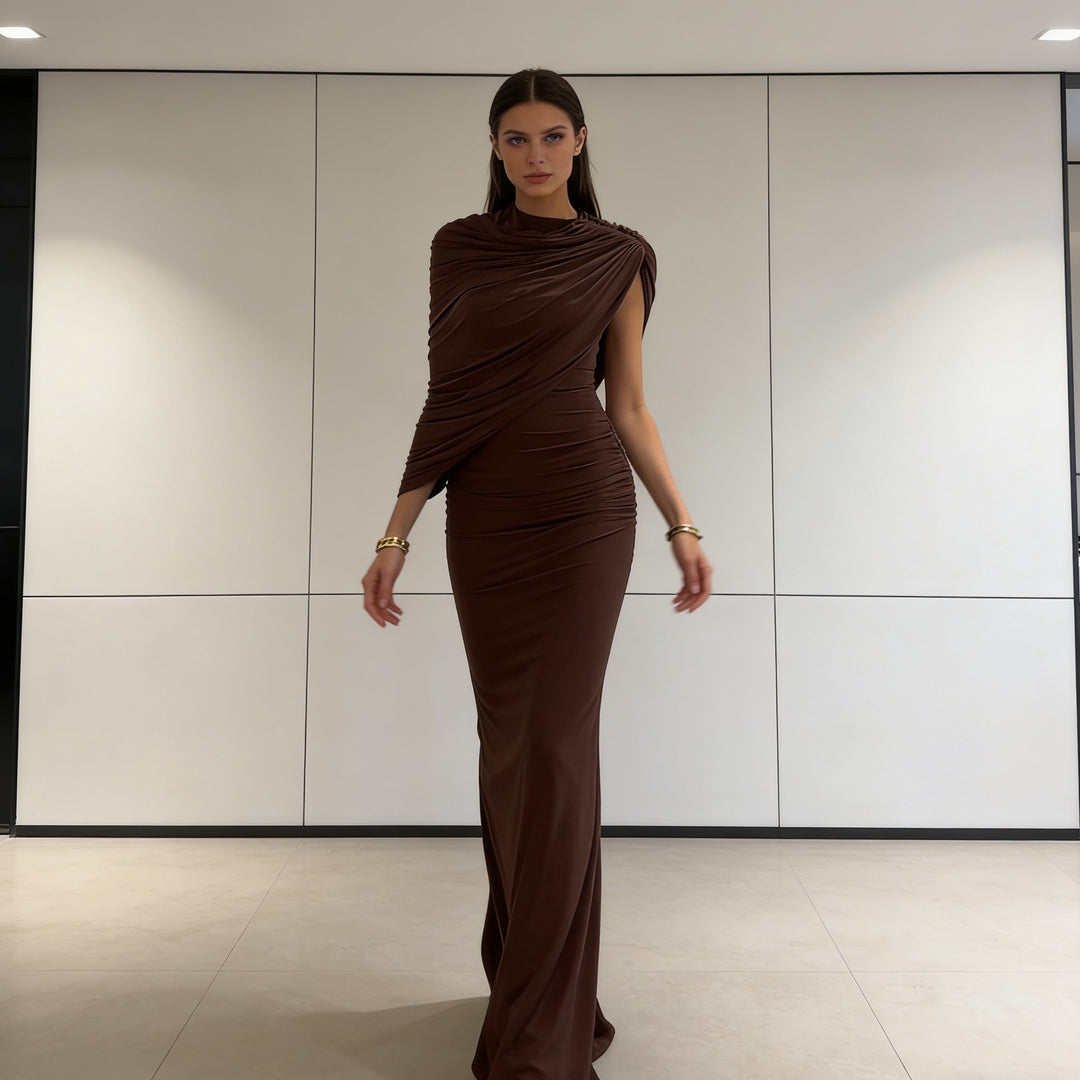 Dame Elegant Maxikjole med asymmetrisk drapering og figursmigrende snit Skovae