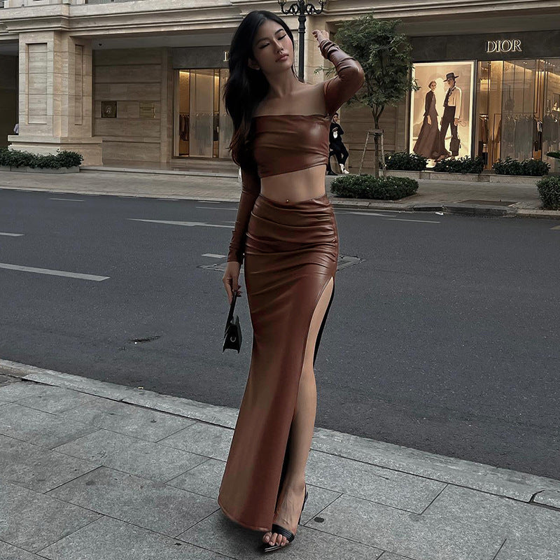 Dame elegant asymmetrisk cropped-top med lange ærmer Skovae