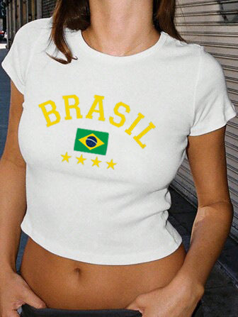 Dame Crop-T-shirt med kreativ grafiktryk og stilfuld skrift Skovae