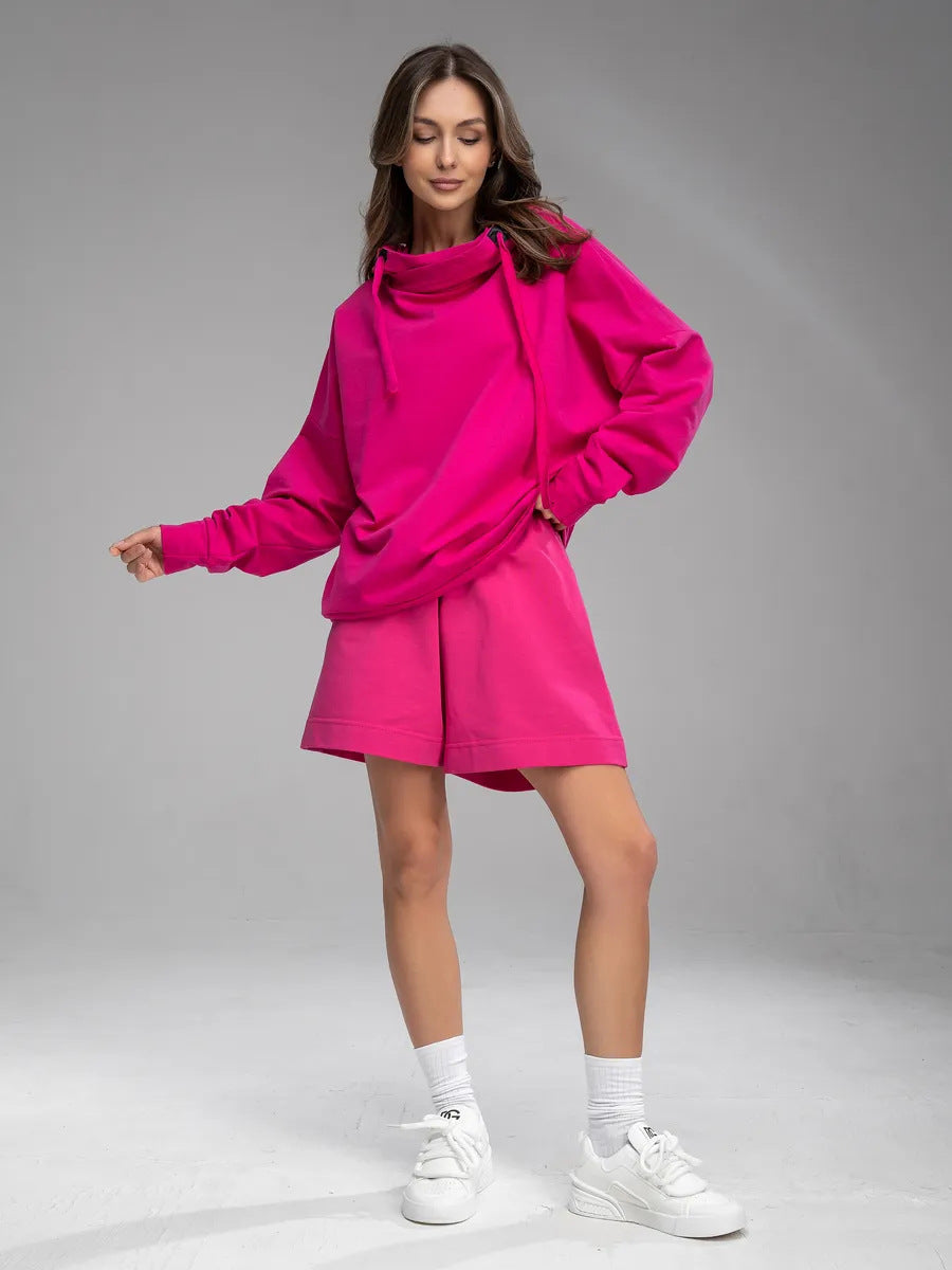 Kvinders komfortable og stilfulde hoodie med casual kängurulomme og shorts sæt Skovae