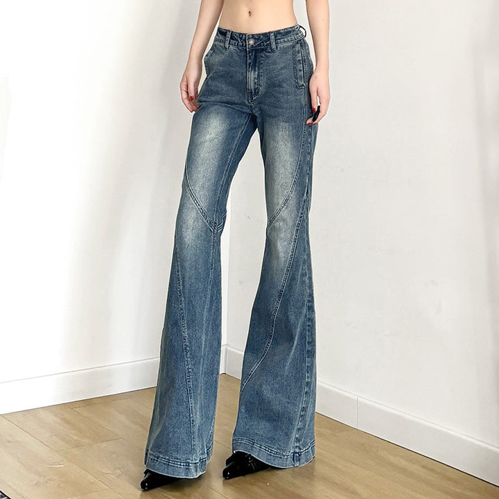 Dame klassiske Flared Jeans med højt liv og frynset kant Skovae