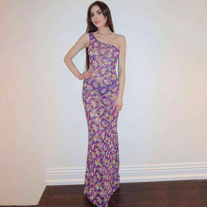 Dame Fuzzy Maxikjole med asymmetrisk design og farverigt blomsterprint Stilla