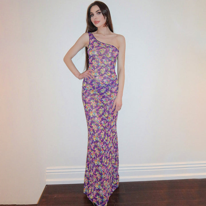 Dame Fuzzy Maxikjole med asymmetrisk design og farverigt blomsterprint Stilla