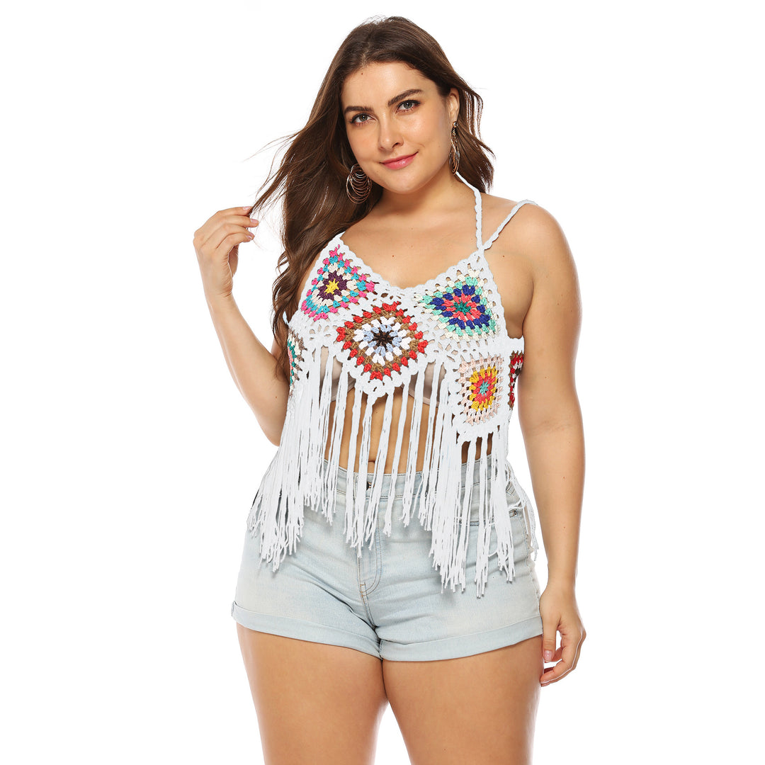 Damer hæklet Crop-Top med farverigt frynse-design Skovae