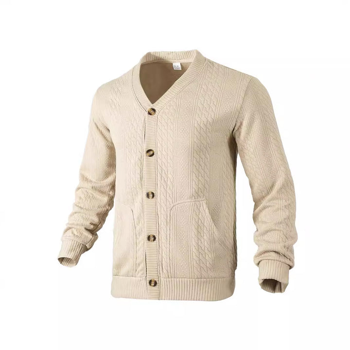 Herrer nan elegant fletsstrikket cardigan med V-hals knapliste og påsyede lommer Skovae