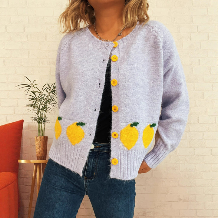 Kvinders hyggelige cardigan med citrussymbol og farverige knapper Stilla