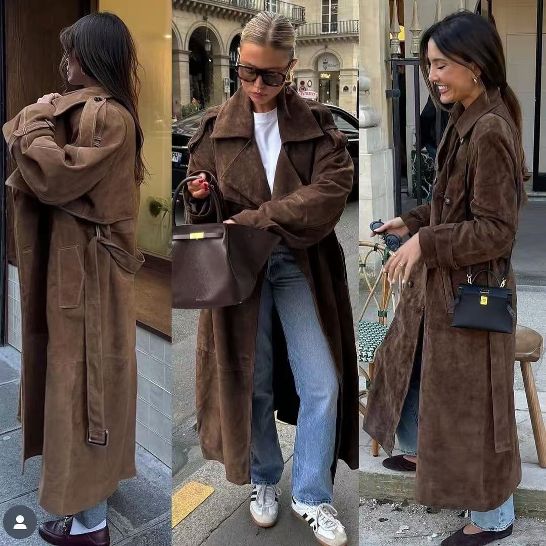 Kvinders elegante ruskinds trench coat med praktiske lommer og talje bælte Stilla