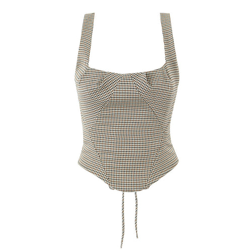 Dame Crop-Top med raffinerede flæsedetaljer og kontrastfarvet ternet mønster Stilla
