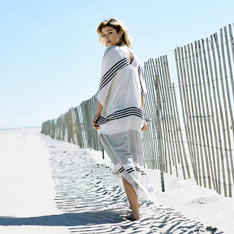Dame elegant Strandkimono med stribemønster og dyb V-udskæring Stilla
