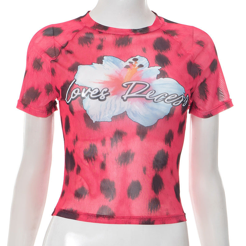 Dame moderigtigt crop-top med blomsterprint og trendy leopardmønster Skovae