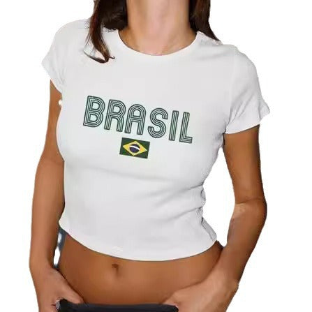 Dame Crop-T-shirt med kreativ grafiktryk og stilfuld skrift Skovae