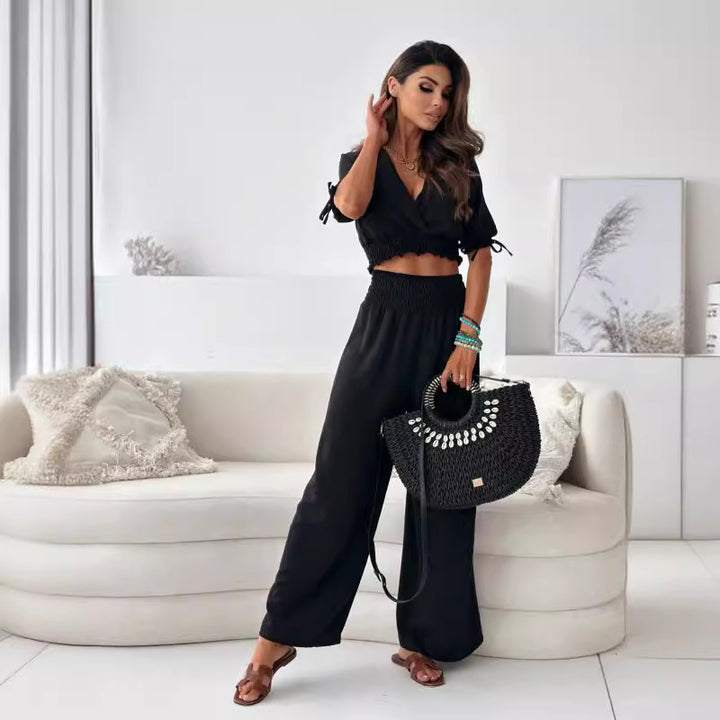 Dame Crop Smocked Top med brede Bukser Stilla