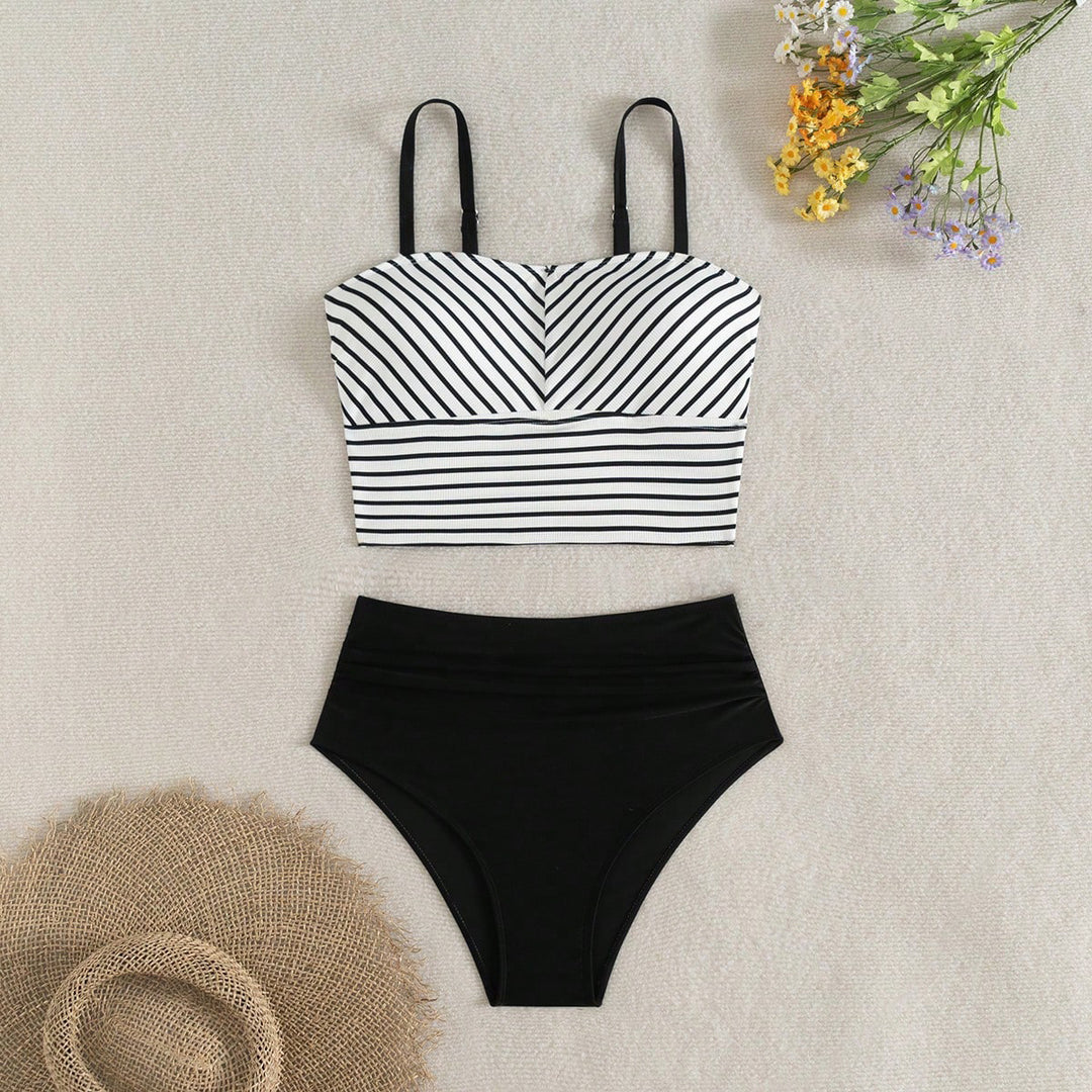 Dame Højskåret Bikini med stribet Crop-Top Skovae
