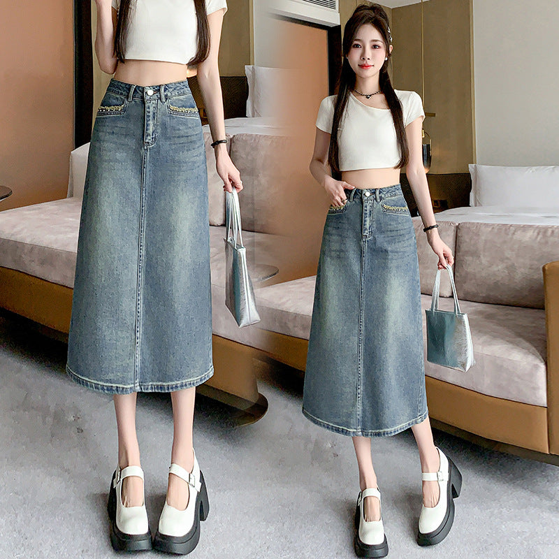 Kvinders denim midi nederdel med flared kant Stilla