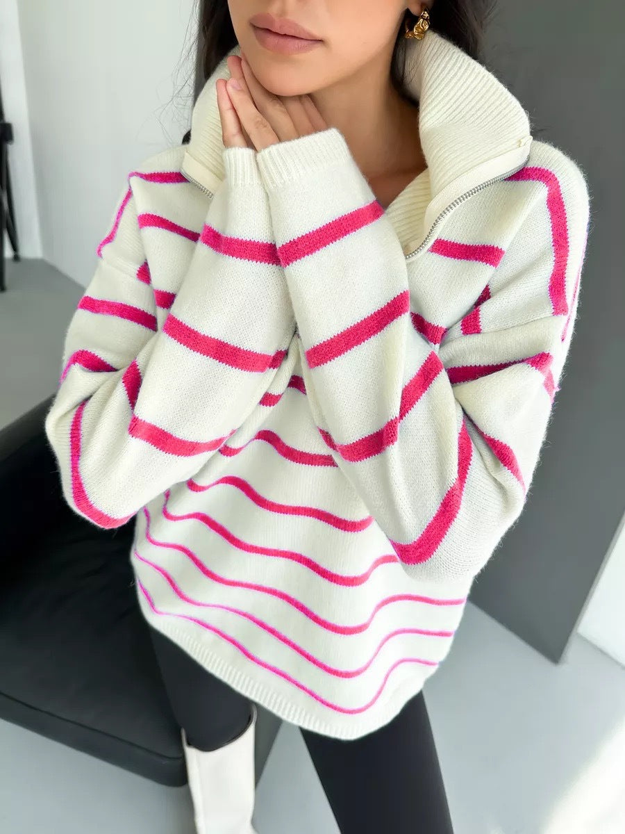 Femme Stribet Fjerde-Zipper Strikkegenser Stilla