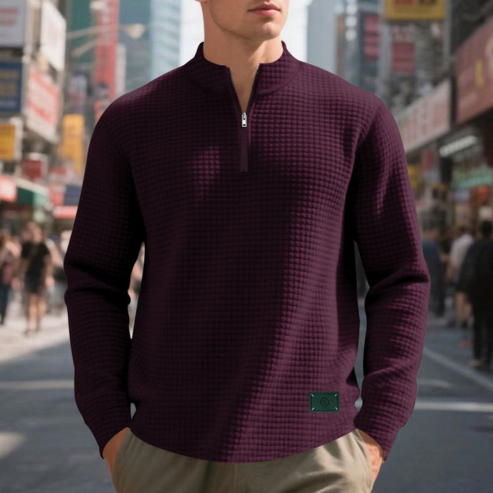 Herren nan lette vaffelstrik pullover med kort krave lynlås og rundet kant Skovae