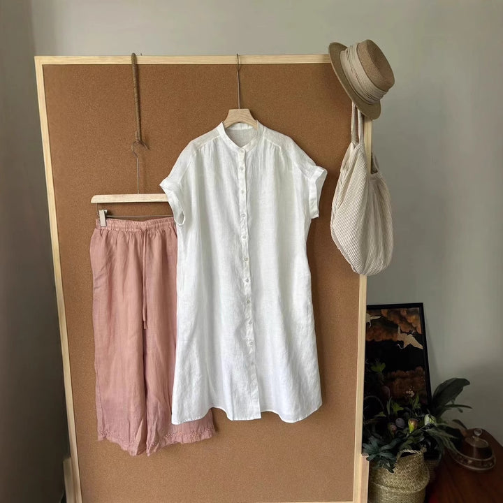 Dame Relaxed Fit Linned Knapliste Tunika Skjorte Stilla
