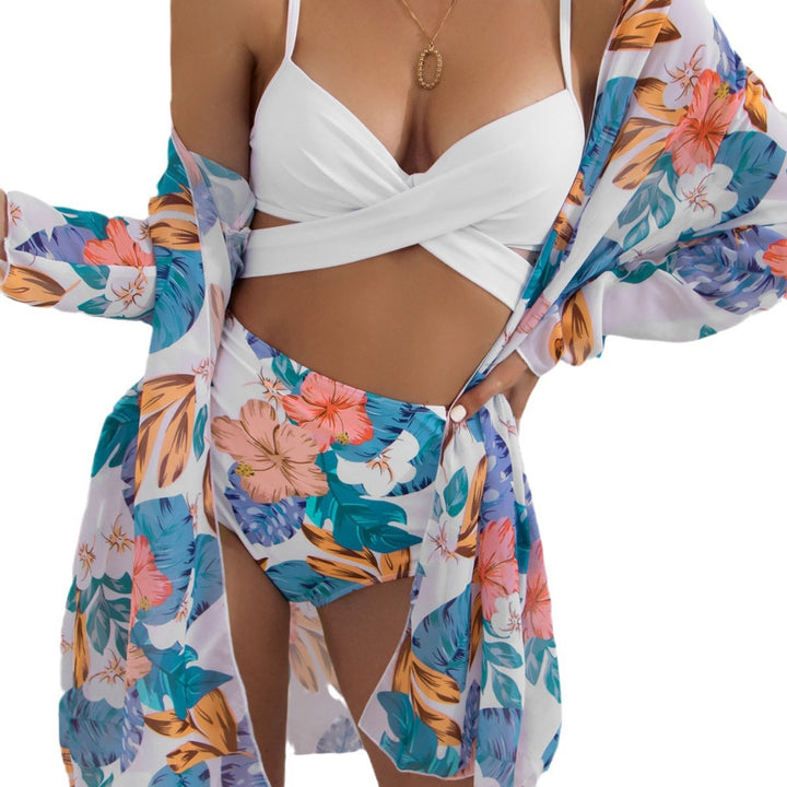 Dame bikini-sæt med blomster kimono og høj talje Stilla
