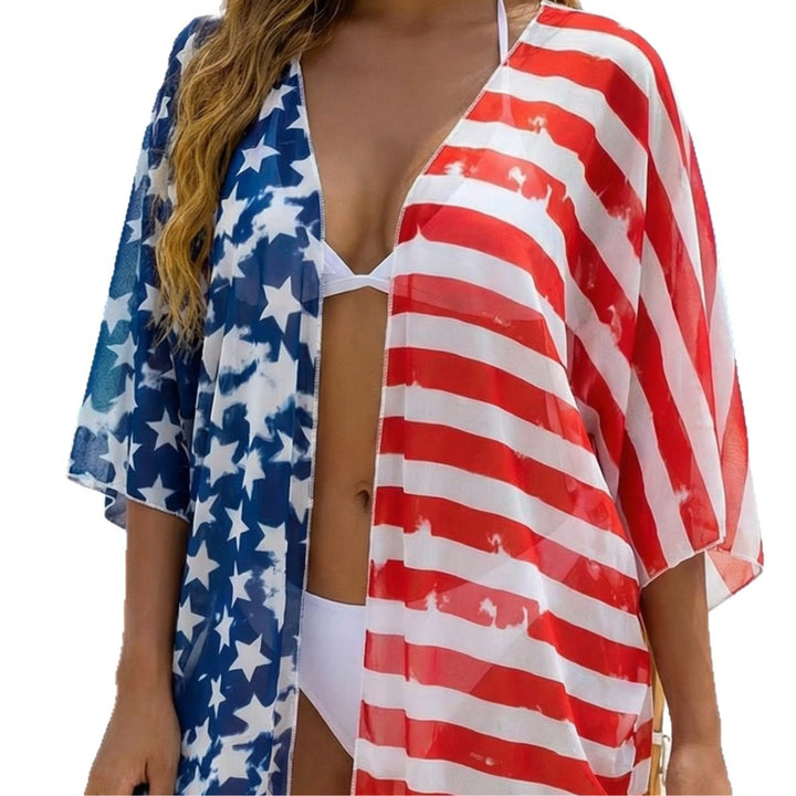 Damer afslappet strandkimono med patriotisk motiv Skovae