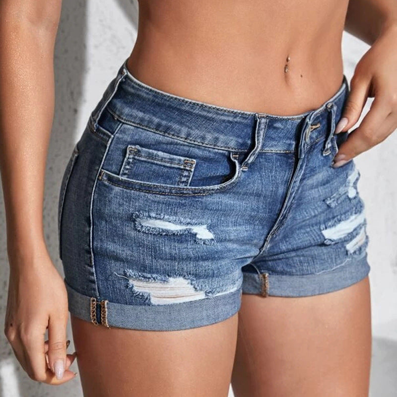 Dame trendy Jeans-short i afslappet destroyed-design med høj talje Stilla