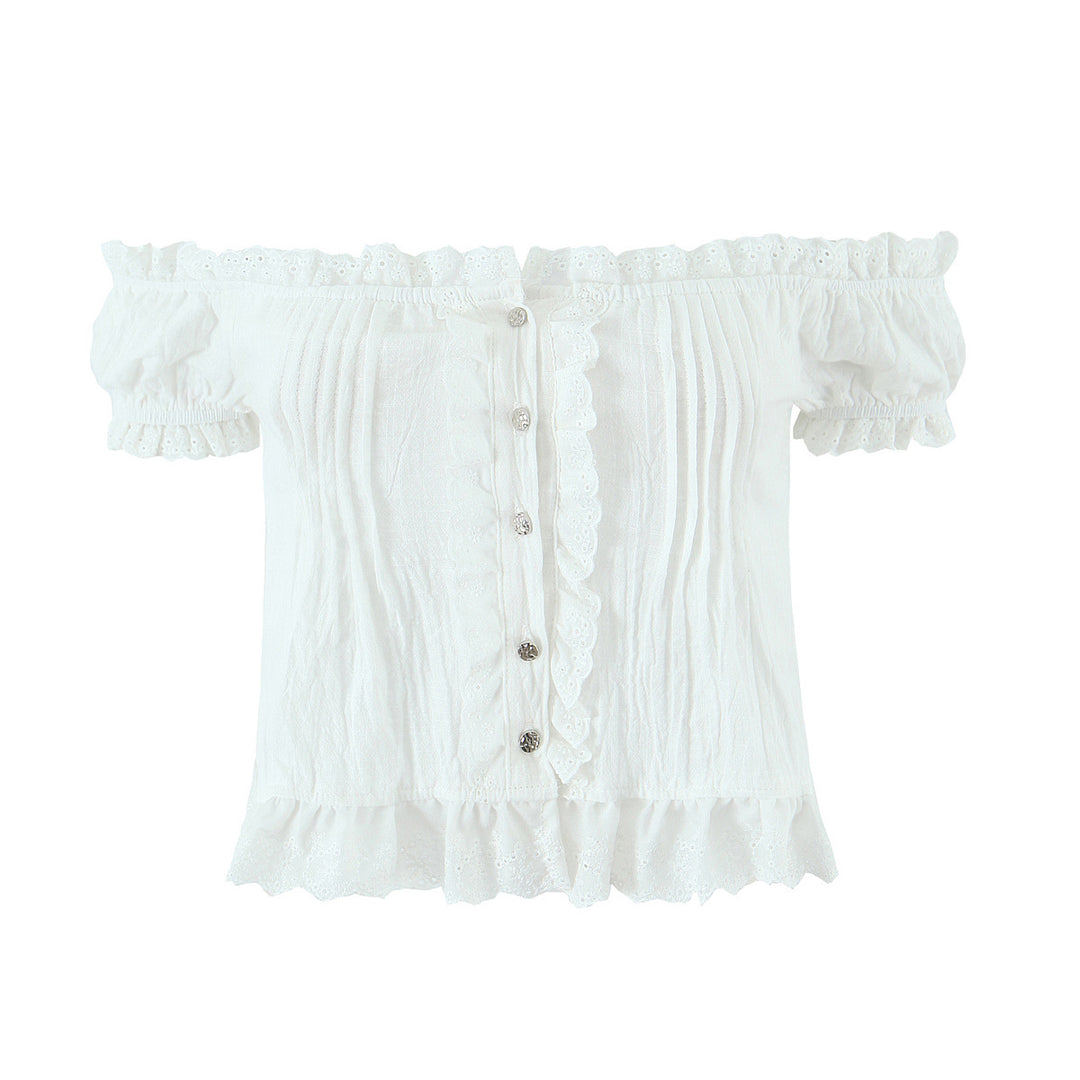 Damer rynket bluse med off-shoulder design og dekorative knapdetaljer Stilla