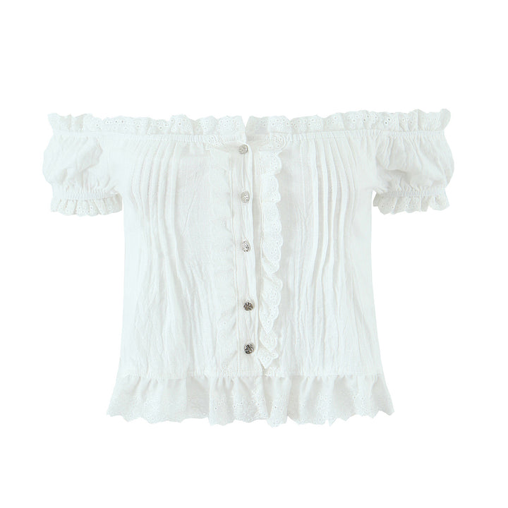 Damer rynket bluse med off-shoulder design og dekorative knapdetaljer Stilla