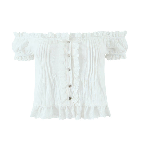 Damer rynket bluse med off-shoulder design og dekorative knapdetaljer Stilla
