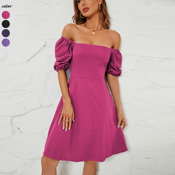 Dame Off-Shoulder Kjole med Puffærmer og svajende Skørt Stilla