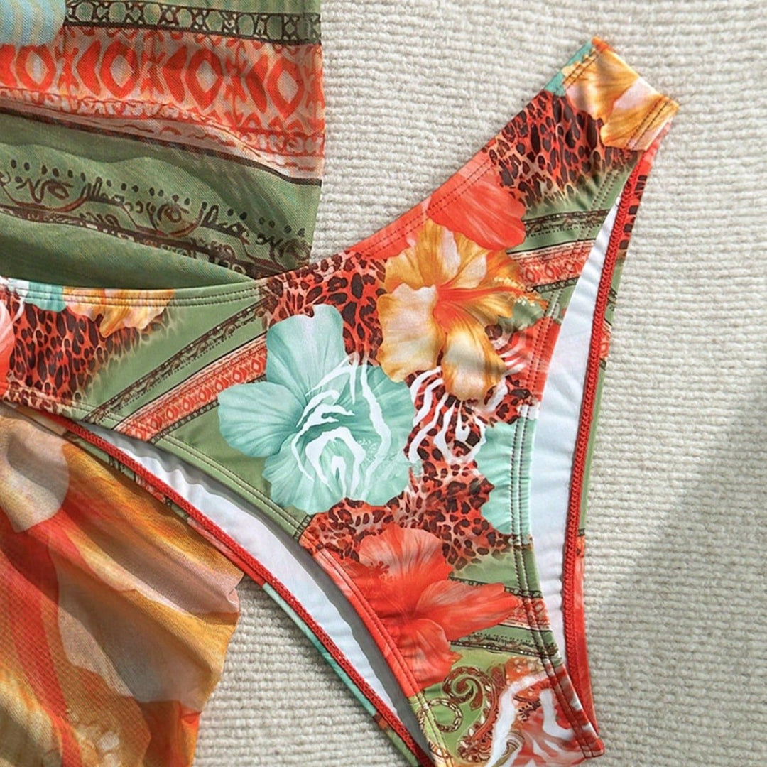 Dame Floral Bikini-Set med kombination af top og indpakningstørklæde Skovae
