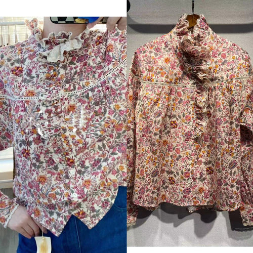 Dame Elegante Bluse med Ruffle detaljer og floral design Stilla