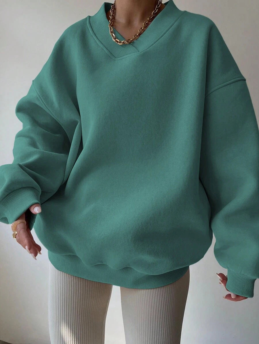 Kvinder Oversized Sweatshirt med V-hals og brede ærmekanter Skovae