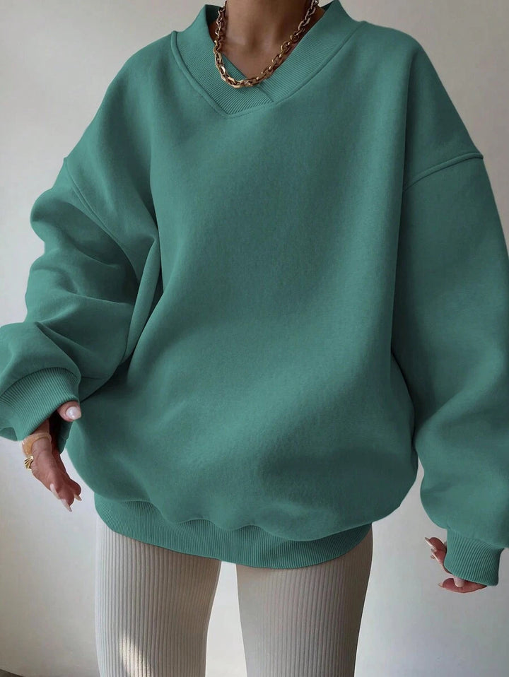 Kvinder Oversized Sweatshirt med V-hals og brede ærmekanter Skovae