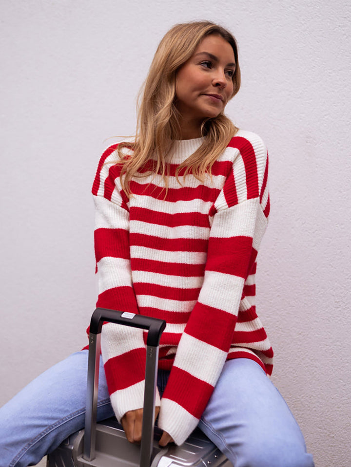 Dame moderigtige chunky strik sweater med iøjnefaldende stribemønster Stilla