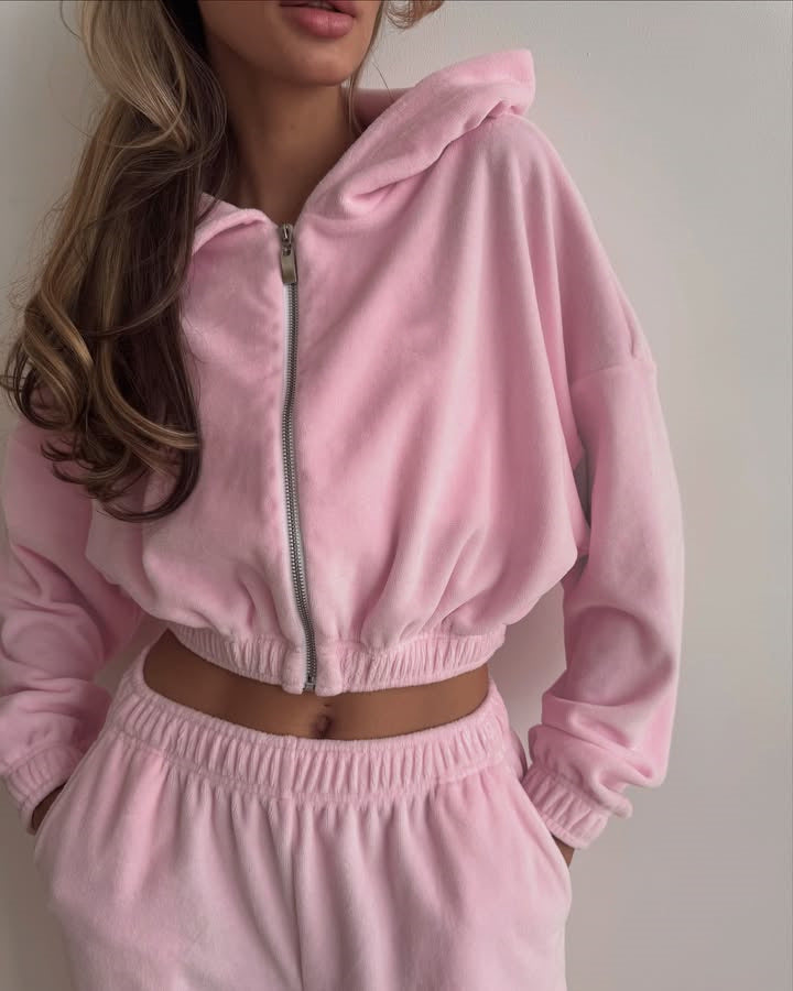 Kvinders sporty fleece sæt med lynlås og elastisk talje Skovae