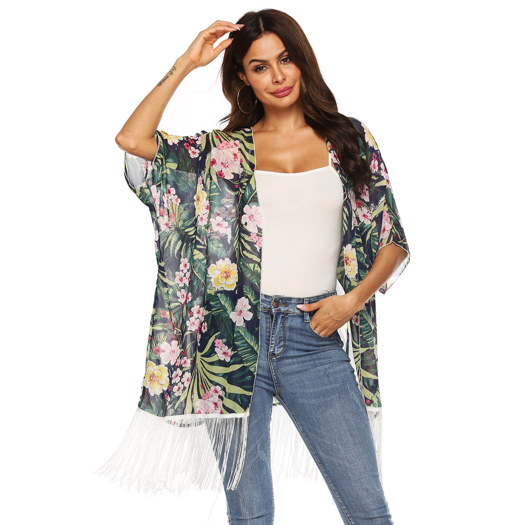 Dame kimono med blomsterdesign og frynser Skovae