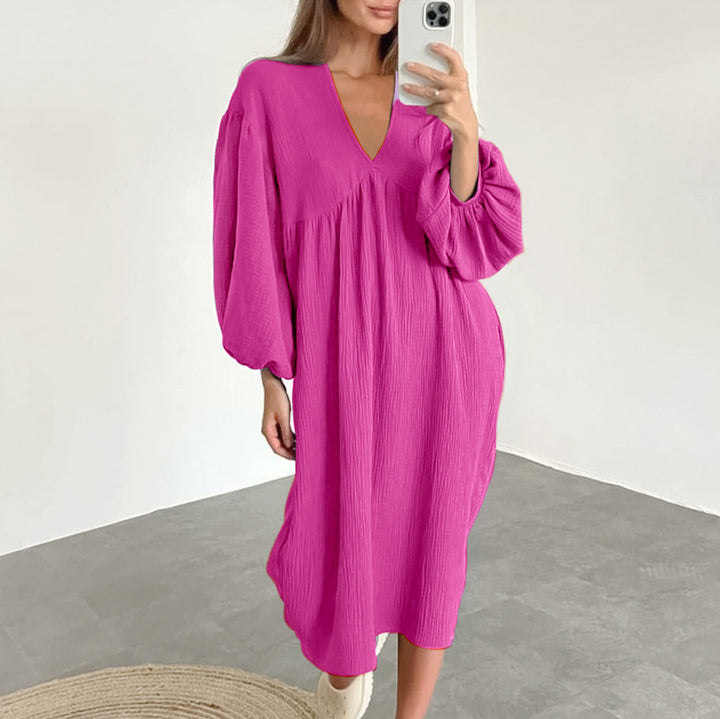 Dame afslappet oversized kjole med voluminøse ærmer og V-udskæring Stilla