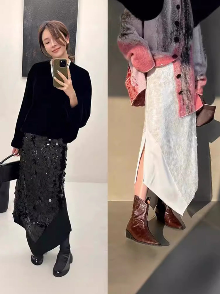 Dame skinnende Maxi-nederdel med asymmetrisk snit og glimmerdetaljer Stilla