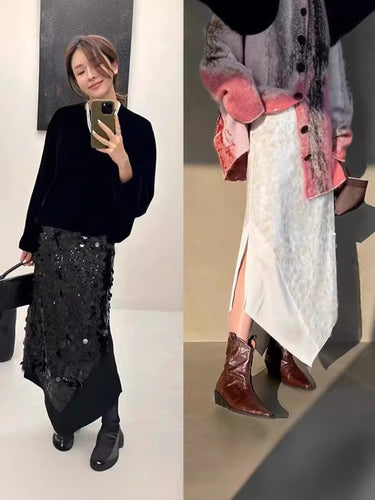 Dame skinnende Maxi-nederdel med asymmetrisk snit og glimmerdetaljer Stilla