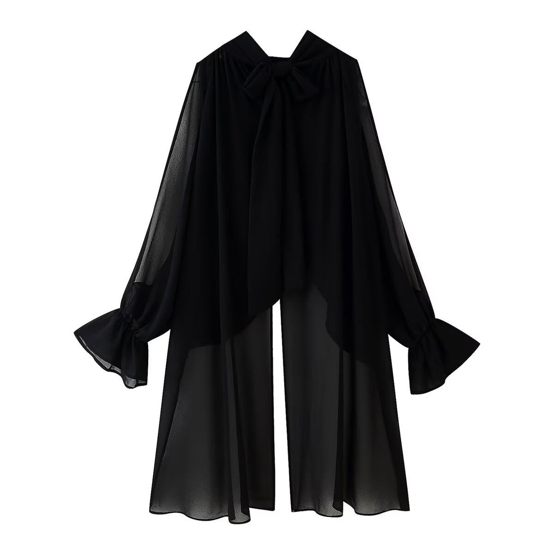 Dame luftig chiffon-bluse med voluminøse flæsedetaljer Stilla