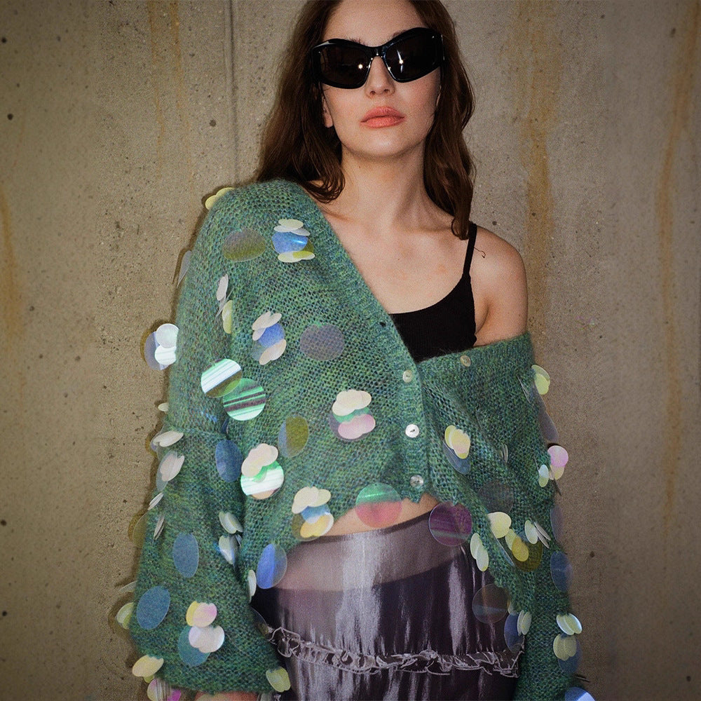 Dame Fuzzy Cardigan med holografiske accenter Stilla