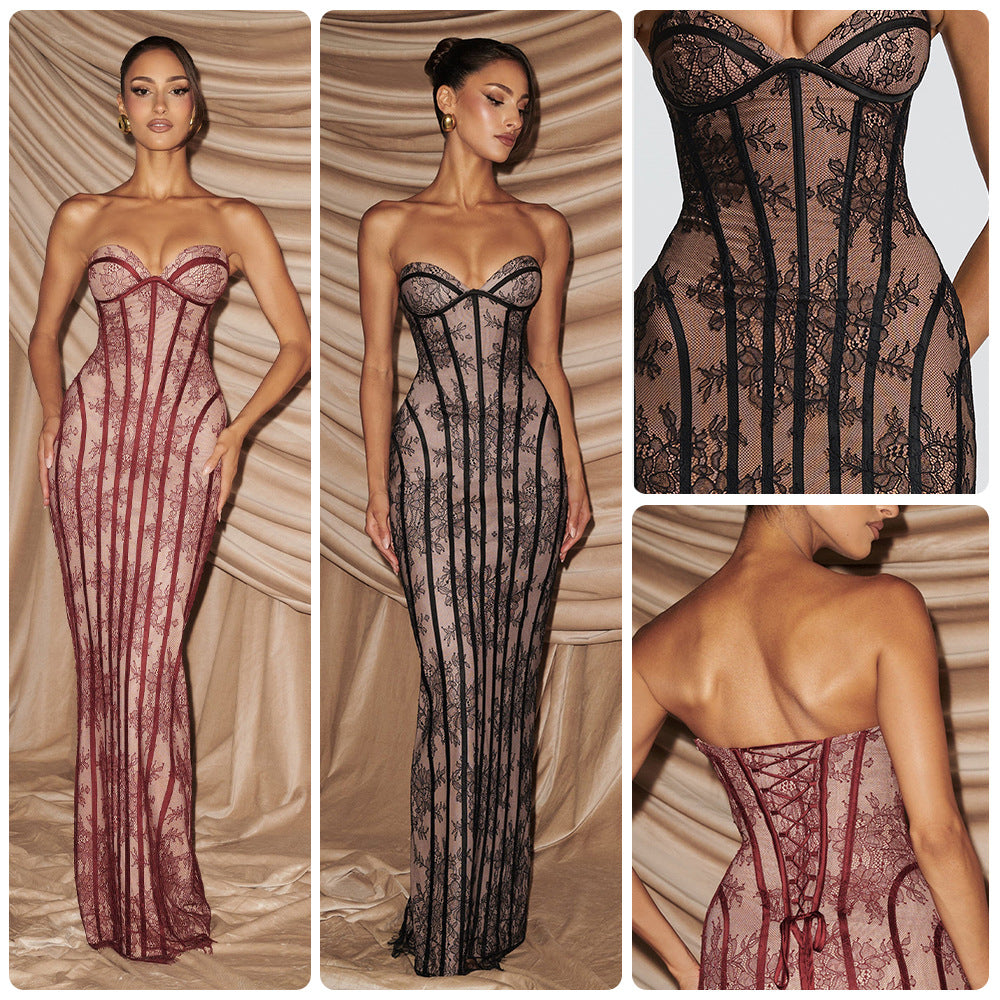 Dame fitted blondekjole med bustier-top og elegante detaljer