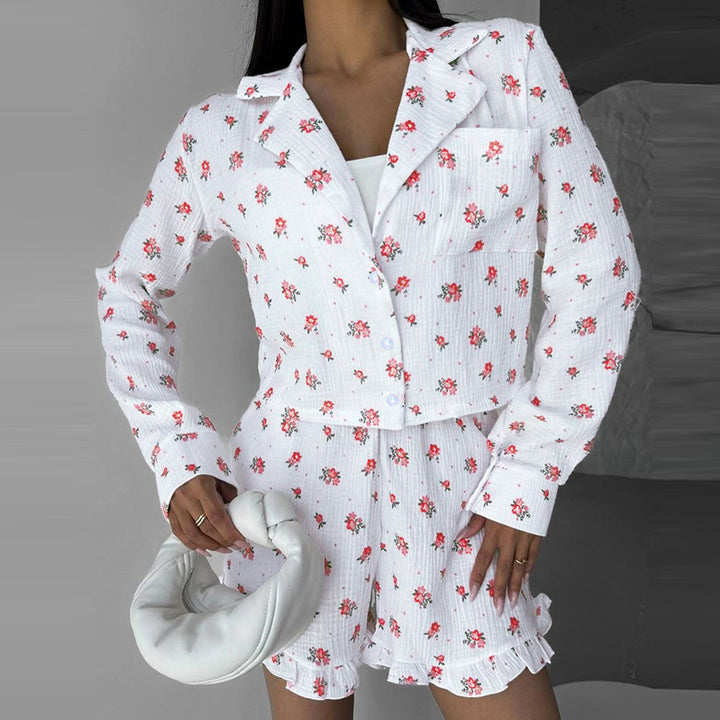 Dame pyjamasæt med blomstermønster og rynkede afslutninger Stilla